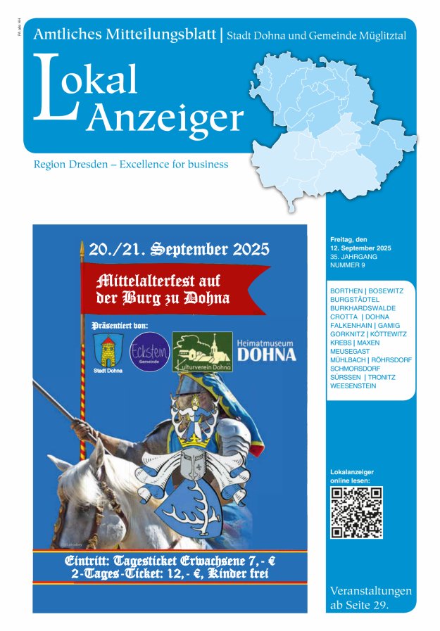 Lokal-Anzeiger – Amtliches Mitteilungsblatt Stadt Dohna und Gemeinde Müglitztal Titelblatt 09/2025