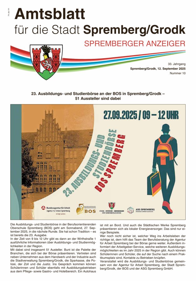 Amtsblatt für die Stadt Spremberg/Grodk – Spremberger Anzeiger Titelblatt 10/2025