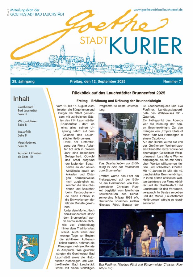 Goethestadt Kurier - Mitteilungsblatt der Goethestadt Bad Lauchstädt Titelblatt 07/2025