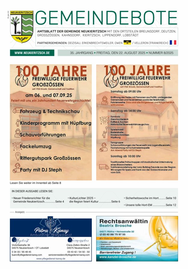 Gemeindebote - Amtsblatt der Gemeinde Neukieritzsch mit den Ortsteilen Titelblatt 08/2025
