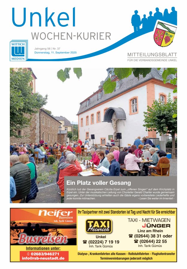 Wochen-Kurier Verbandsgemeinde Unkel Titelblatt 37/2025