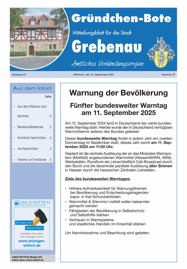 Grebenau - Gründchen Bote - Mitteilungsblatt für die Stadt Grebenau Titelblatt 37/2025