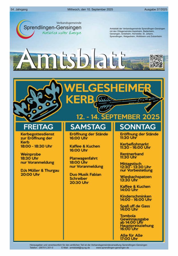 Amtsblatt VG Sprendlingen-Gensingen Titelblatt 37/2025