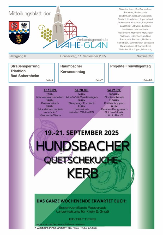 Mitteilungsblatt für die Verbandsgemeinde Nahe-Glan Titelblatt 37/2025