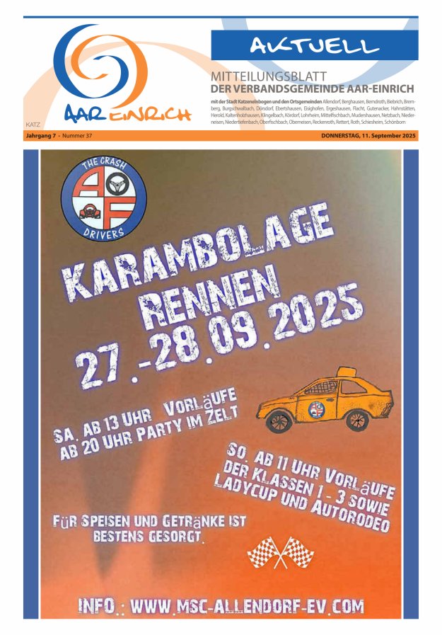 Mitteilungsblatt der Verbandsgemeinde Aar-Einrich Ausgabe Katzenelnbogen Titelblatt 37/2025