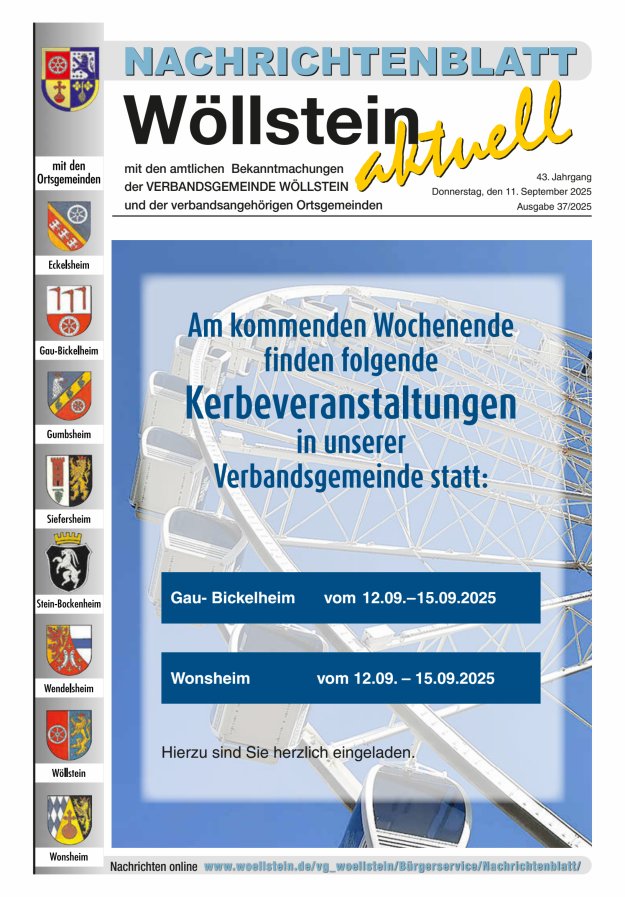Nachrichtenblatt Wöllstein aktuell Titelblatt 37/2025