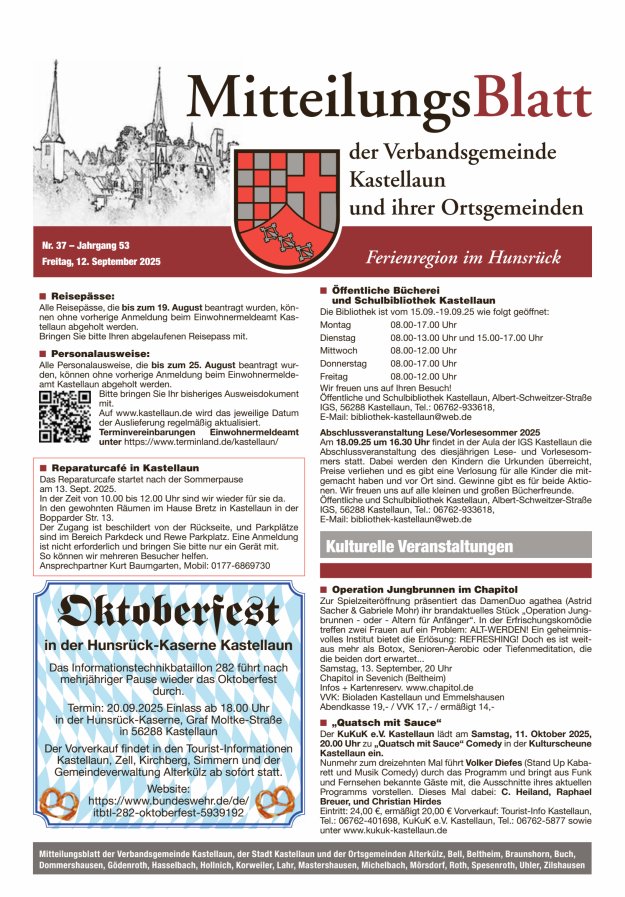 Mitteilungsblatt Kastellaun Titelblatt 37/2025