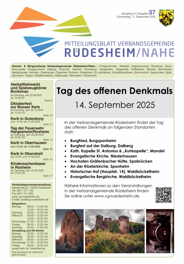 Mitteilungsblatt Verbandsgemeinde Rüdesheim und zugehörige Ortsgemeinden Titelblatt 37/2025