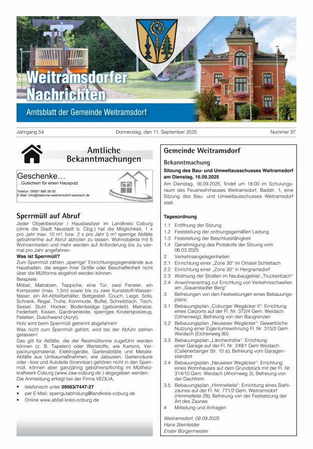 Weitramsdorfer Nachrichten Titelblatt 37/2025