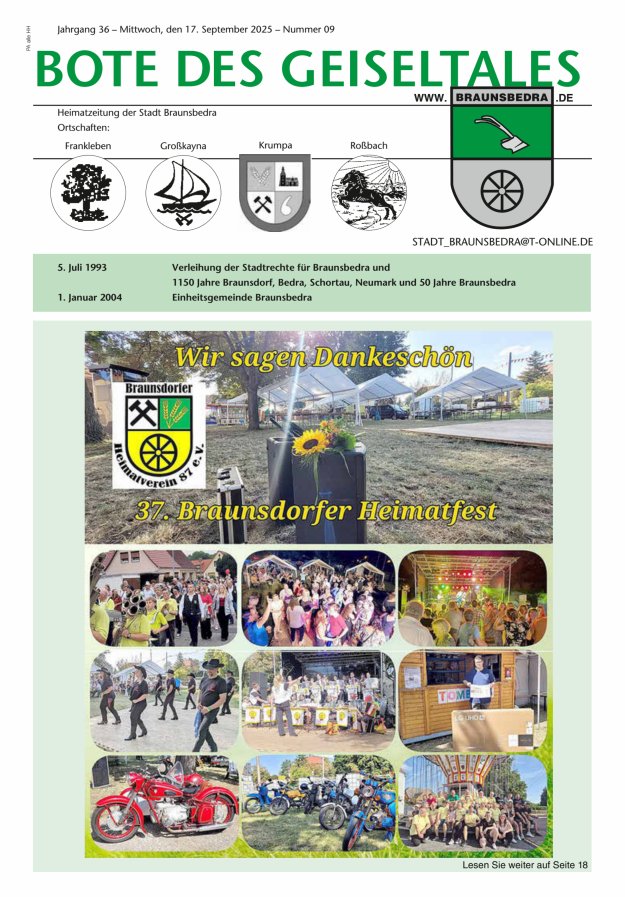 Bote des Geiseltales - Heimatzeitung der Stadt Braunsbedra Titelblatt 09/2025
