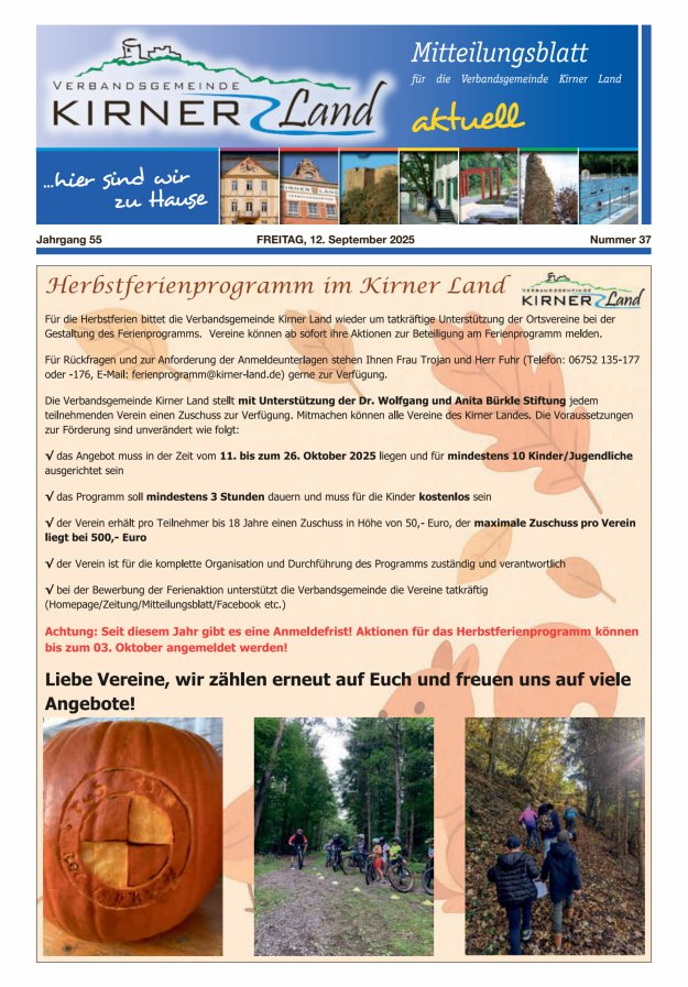 Mitteilungsblatt für den Bereich der Verbandsgemeinde Kirner Land Titelblatt 37/2025