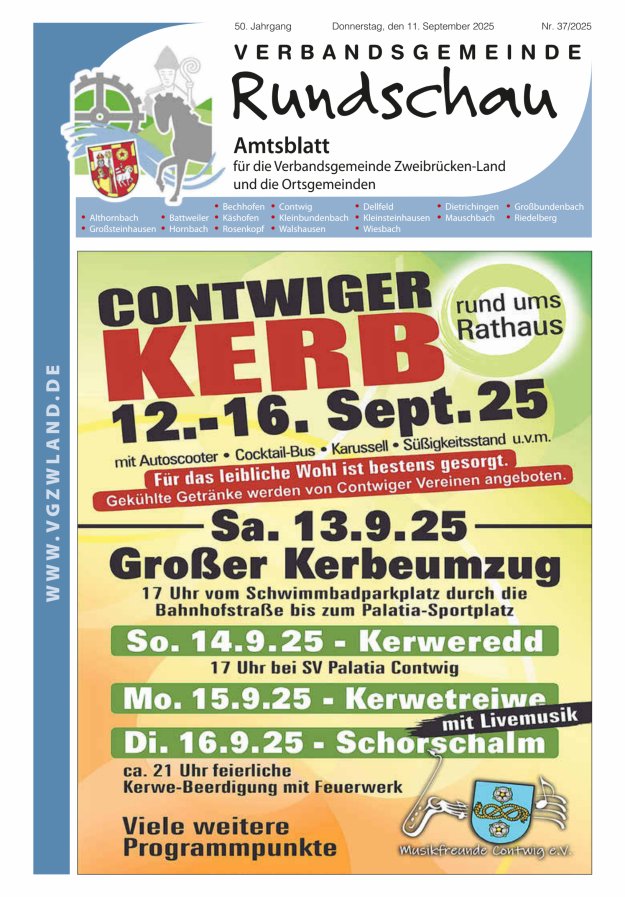 Verbandsgemeinde Rundschau Zweibrücken-Land Titelblatt 37/2025
