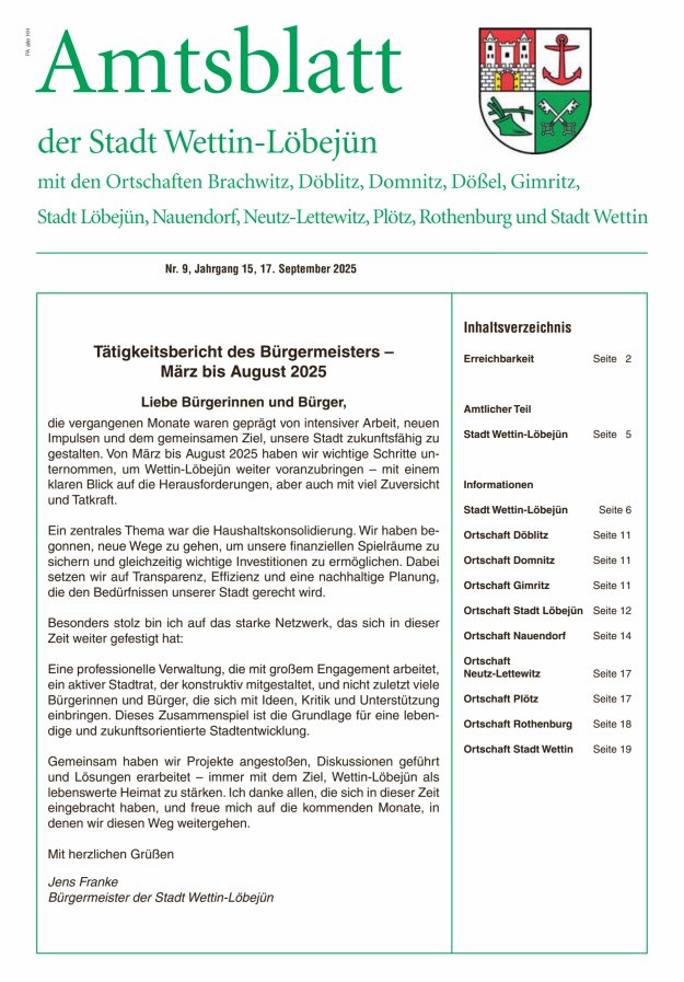 Amtsblatt der Stadt Wettin-Löbejün mit den Ortsteilen Titelblatt 09/2025