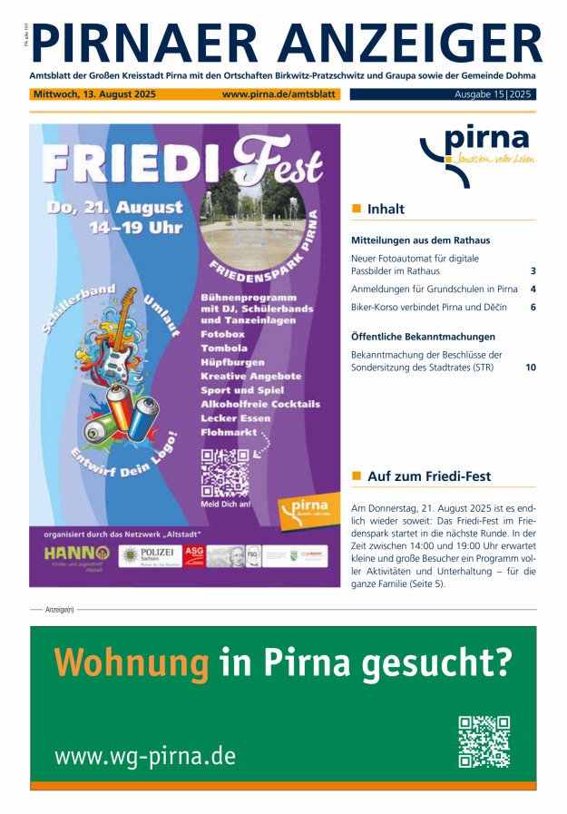 Pirnaer Anzeiger Titelblatt 15/2025