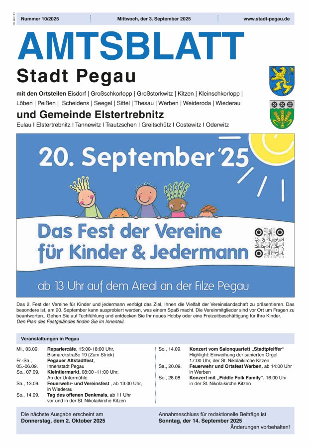 Amtsblatt Stadt Pegau und Gemeinde Elstertrebnitz  Titelblatt 10/2025