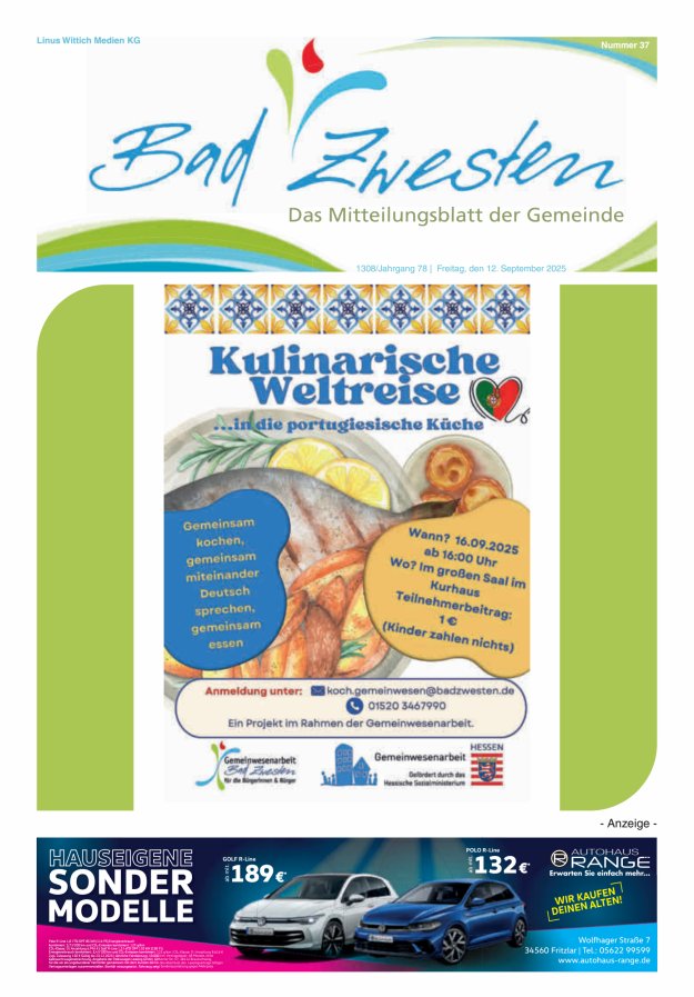 Heimatzeitung Bad Zwesten Titelblatt 37/2025