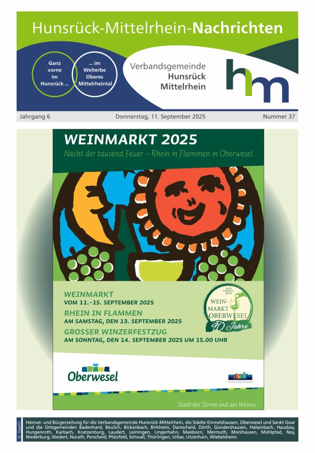 Hunsrück-Mittelrhein Nachrichten Ausgabe St Goar Oberwesel Titelblatt 37/2025