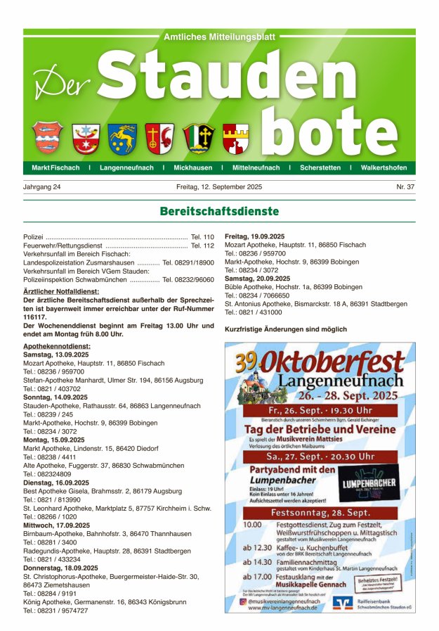 Staudenbote Amtliches Mitteilungsblatt Titelblatt 37/2025