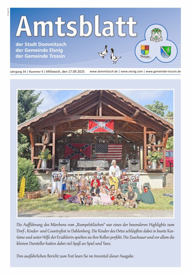 Dommitzsch Info - Amtsblatt der Stadt Dommitzsch der Gemeinden Elsnig und Trossin Titelblatt 09/2025