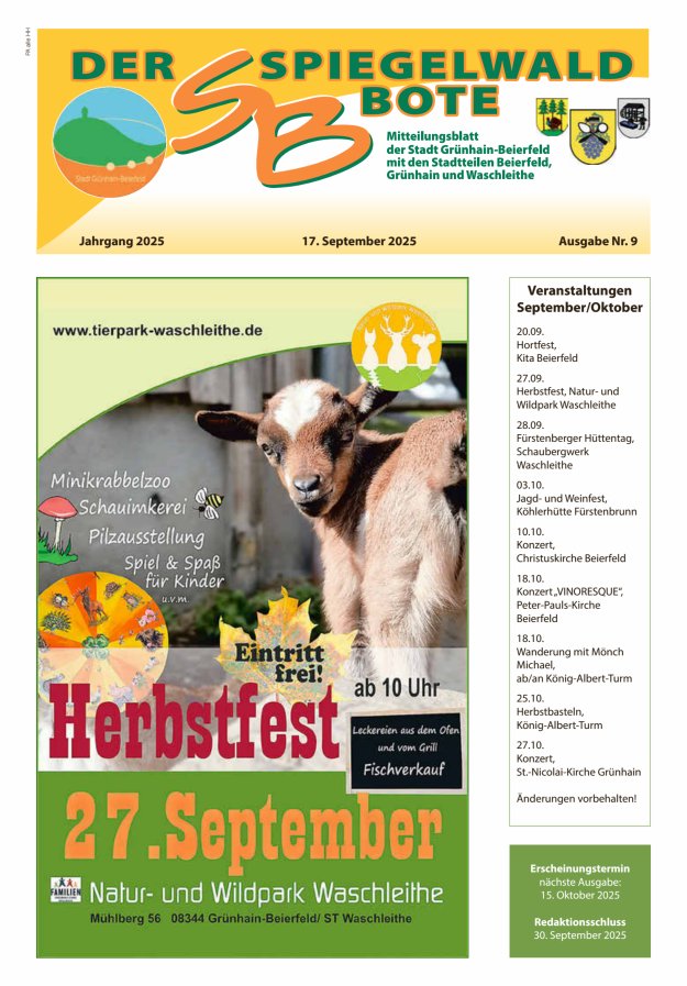 Der Spiegelwaldbote - Amts- und Mitteilungsblatt der Gemeinde Grünhain-Beierfeld  Titelblatt 09/2025