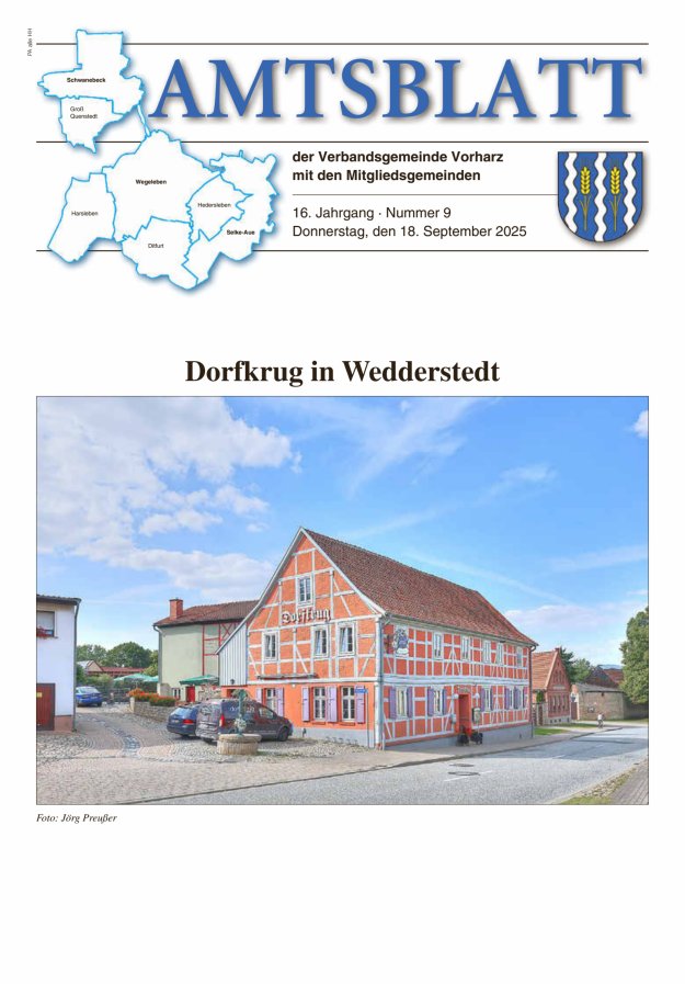 Amtblatt der Verbandsgemeinde Vorharz mit den Mitgliedsgemeinden Titelblatt 09/2025