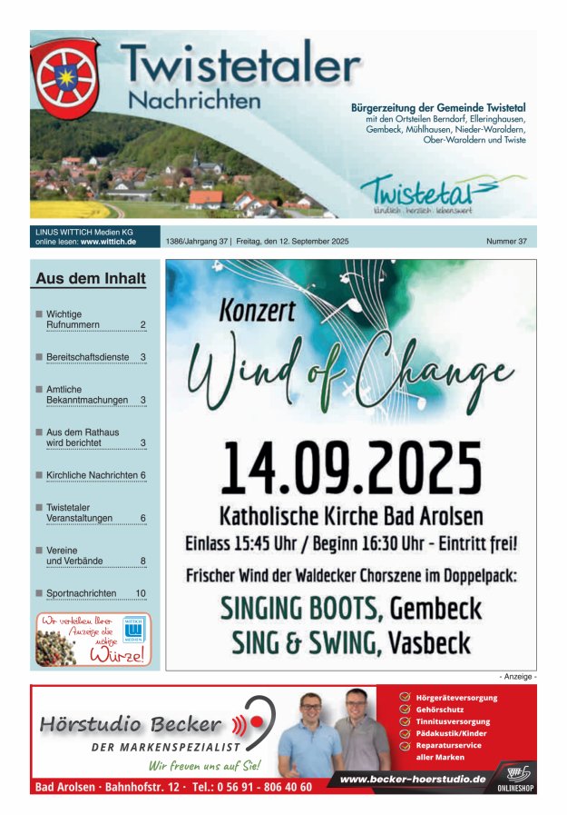 Twistetaler Nachrichten Titelblatt 37/2025