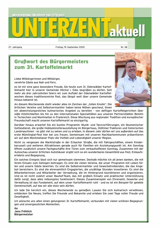 Unterzent aktuell Wochenzeitung für Höchst und Lützelbach Titelblatt 38/2025