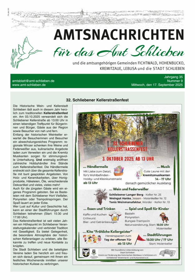 Amtsnachrichten – Amtsblatt für das Amt Schlieben und die amtsangehörigen Gemeinden Titelblatt 09/2025