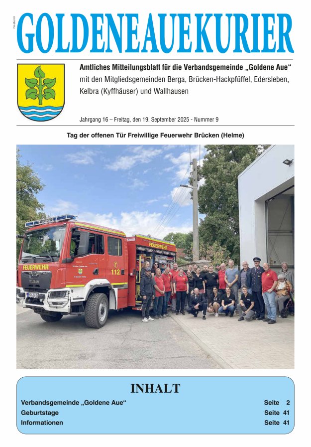 Goldene Aue Kurier – Amtliches Mitteilungsblatt für die Verbandsgemeinde "Goldene Aue" Titelblatt 09/2025