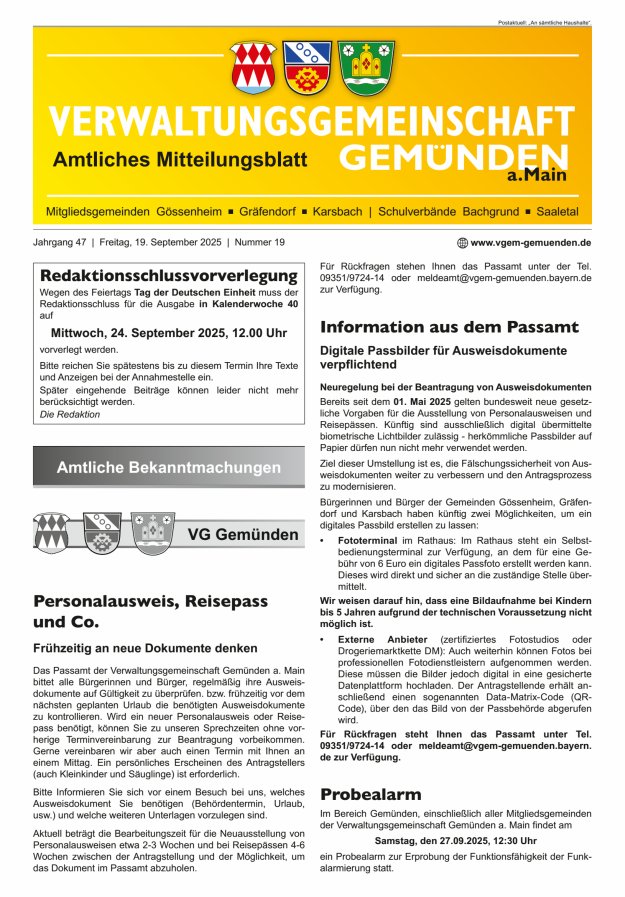 Mitteilungsblatt der VG Gemünden a Main Titelblatt 19/2025