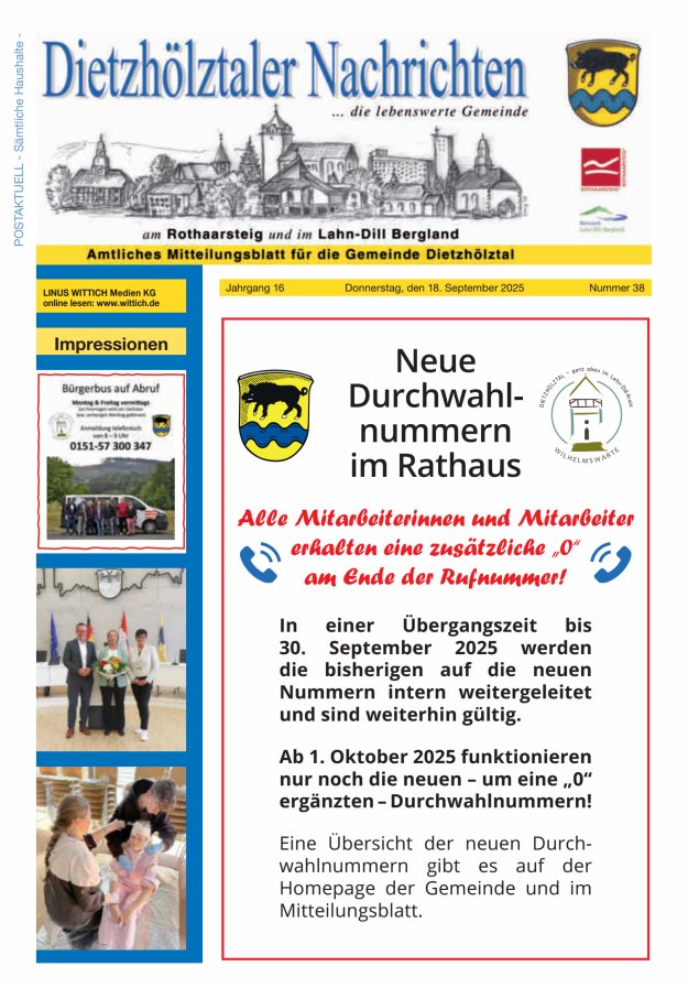 Dietzhölztaler Nachrichten Titelblatt 38/2025