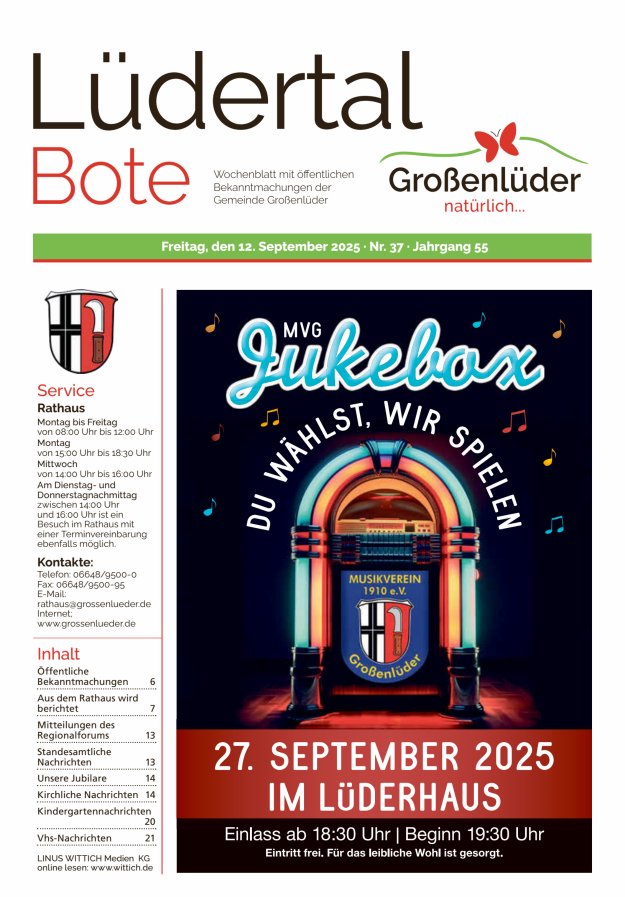 Wochenblatt mit öffentlichen Bekanntmachungen der Gemeinde Großenlüder Titelblatt 37/2025