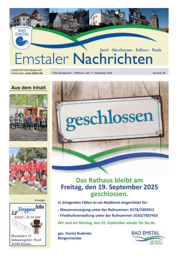 Emstaler Nachrichten Titelblatt 38/2025