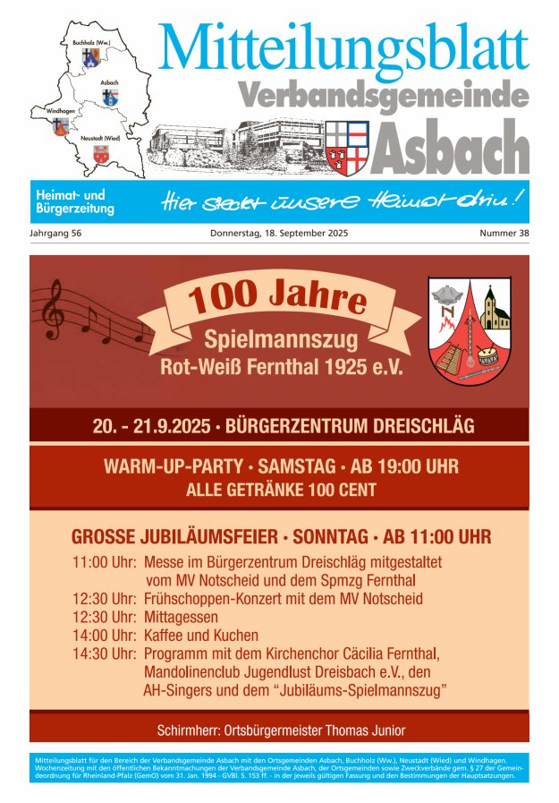 Mitteilungsblatt Verbandsgemeinde Asbach Titelblatt 38/2025