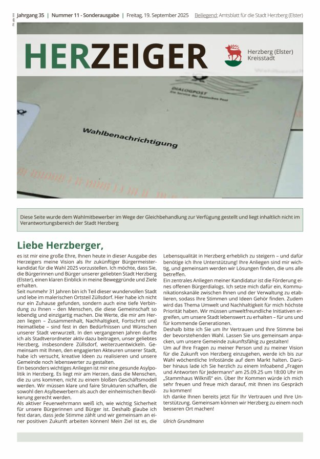 Amtsblatt für die Stadt Herzberg (Elster) mit Bekanntmachungen der Stadt  Titelblatt 11/2025