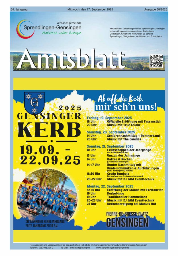Amtsblatt VG Sprendlingen-Gensingen Titelblatt 38/2025