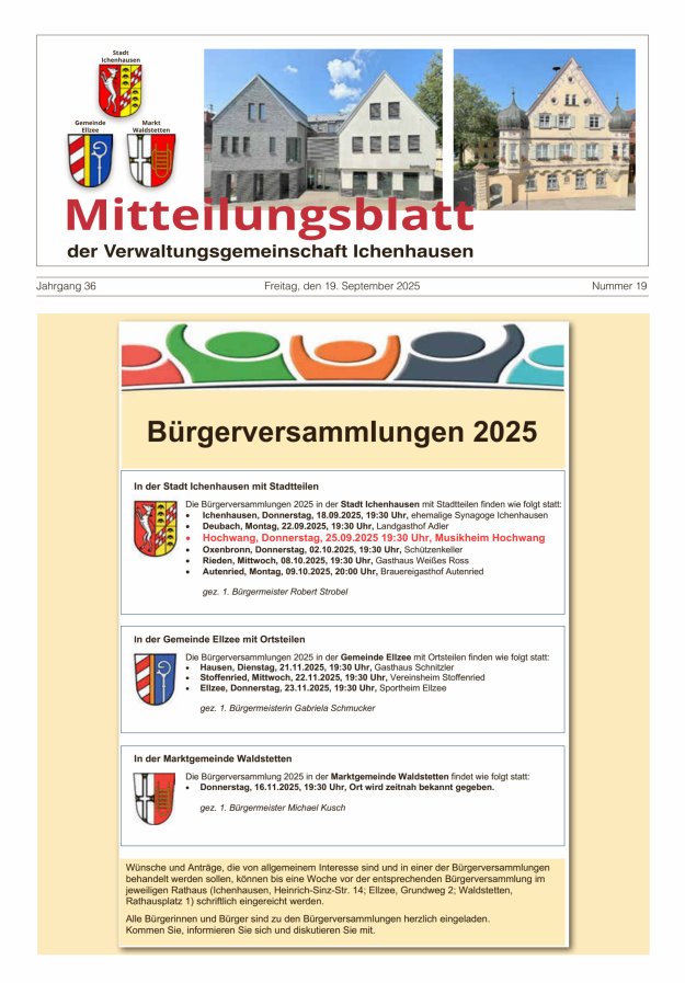 Mitteilungsblatt der Verwaltungsgemeinschaft Ichenhausen Titelblatt 19/2025