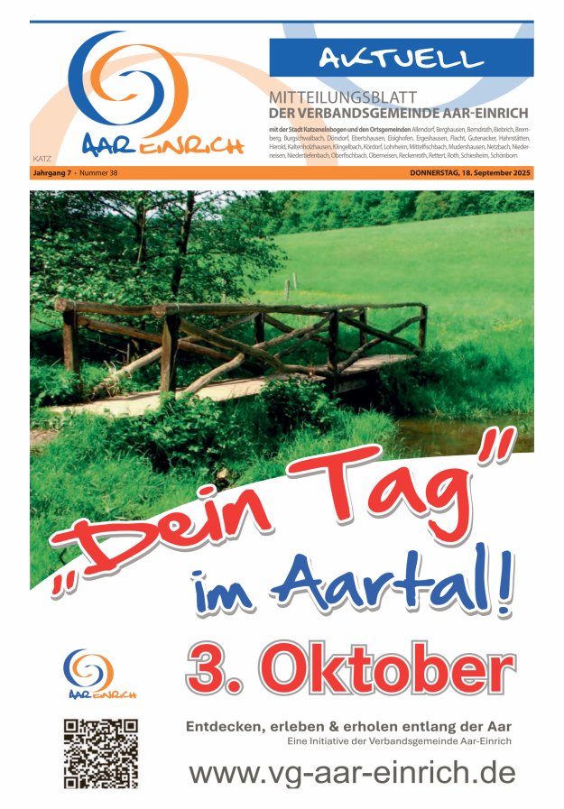 Mitteilungsblatt der Verbandsgemeinde Aar-Einrich Ausgabe Katzenelnbogen Titelblatt 38/2025