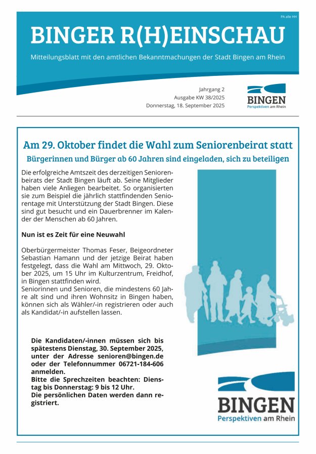 Binger R(h)einschau - Mitteilungsblatt mit den Amtlichen Bekanntmachungen der Stadt Bingen Titelblatt 38/2025