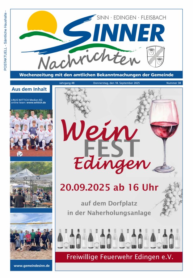 Sinner Nachrichten Titelblatt 38/2025