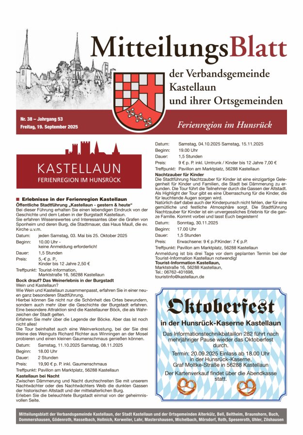 Mitteilungsblatt Kastellaun Titelblatt 38/2025