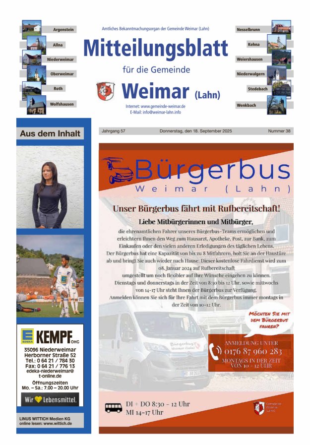 Mitteilungsblatt für die Gemeinde Weimar Titelblatt 38/2025