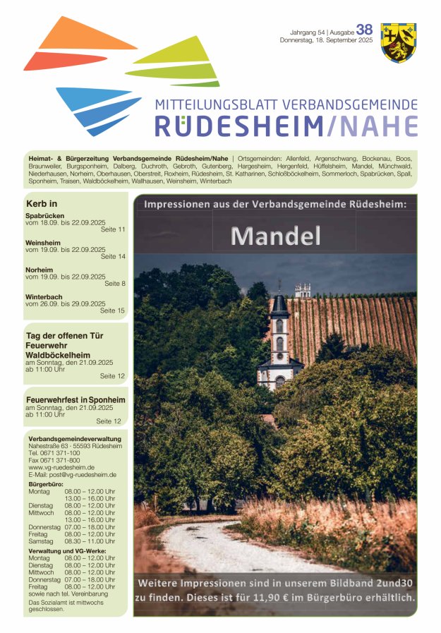 Mitteilungsblatt Verbandsgemeinde Rüdesheim und zugehörige Ortsgemeinden Titelblatt 38/2025