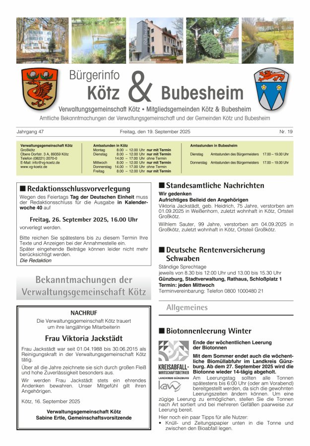 Amtsblatt der VG Kötz und der Mitgliedsgemeinden Titelblatt 19/2025