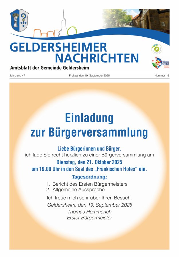 Geldersheimer Nachrichten Amtsblatt der Gemeinde Geldersheim Titelblatt 19/2025