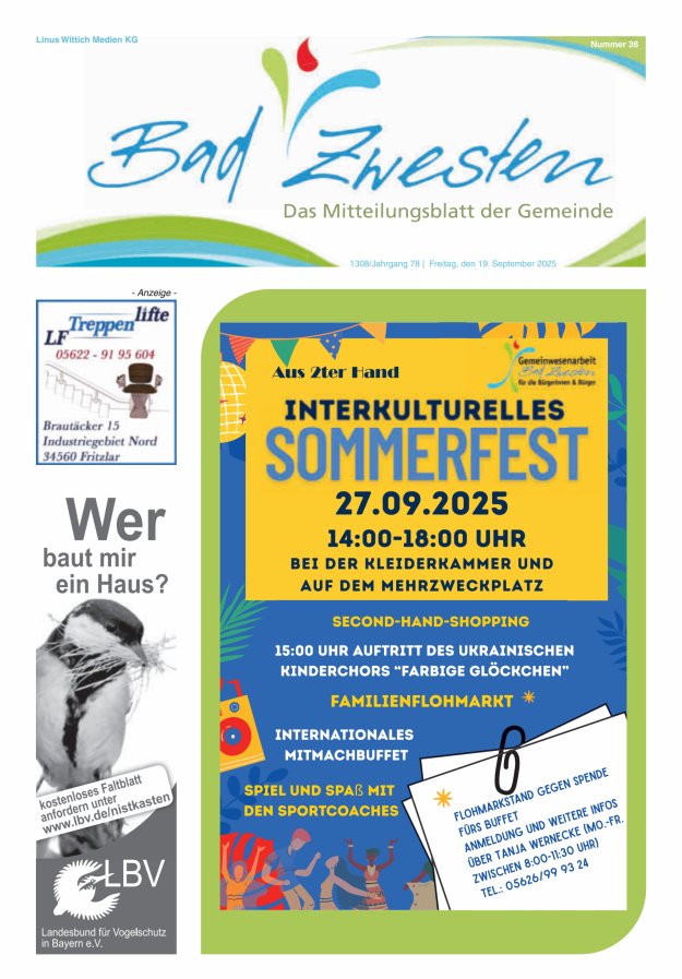 Heimatzeitung Bad Zwesten Titelblatt 38/2025