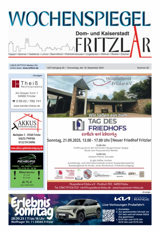 Wochenspiegel Dom- und Kaiserstadt Fritzlar Titelblatt 38/2025