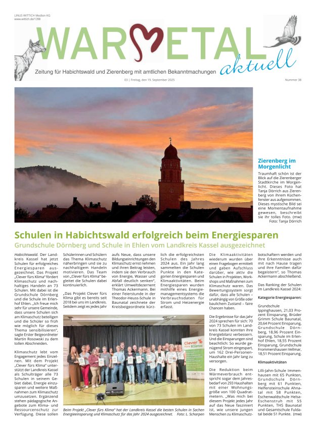 Warmetal aktuell (Habichtswald + Zierenberg) Titelblatt 38/2025