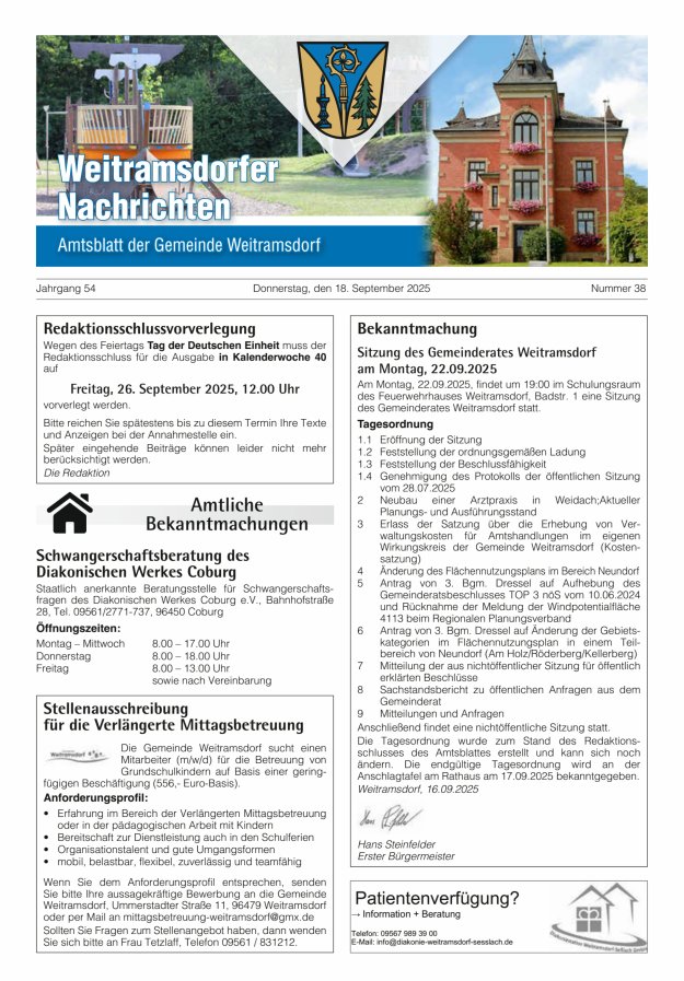 Weitramsdorfer Nachrichten Titelblatt 38/2025