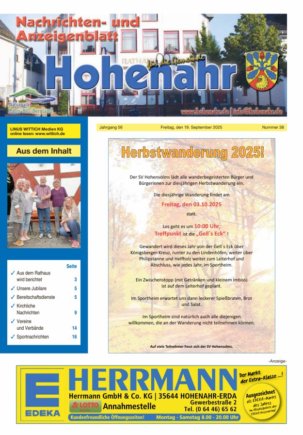 Nachrichten- und Anzeigenblatt für die Gemeinde Hohenahr Titelblatt 38/2025